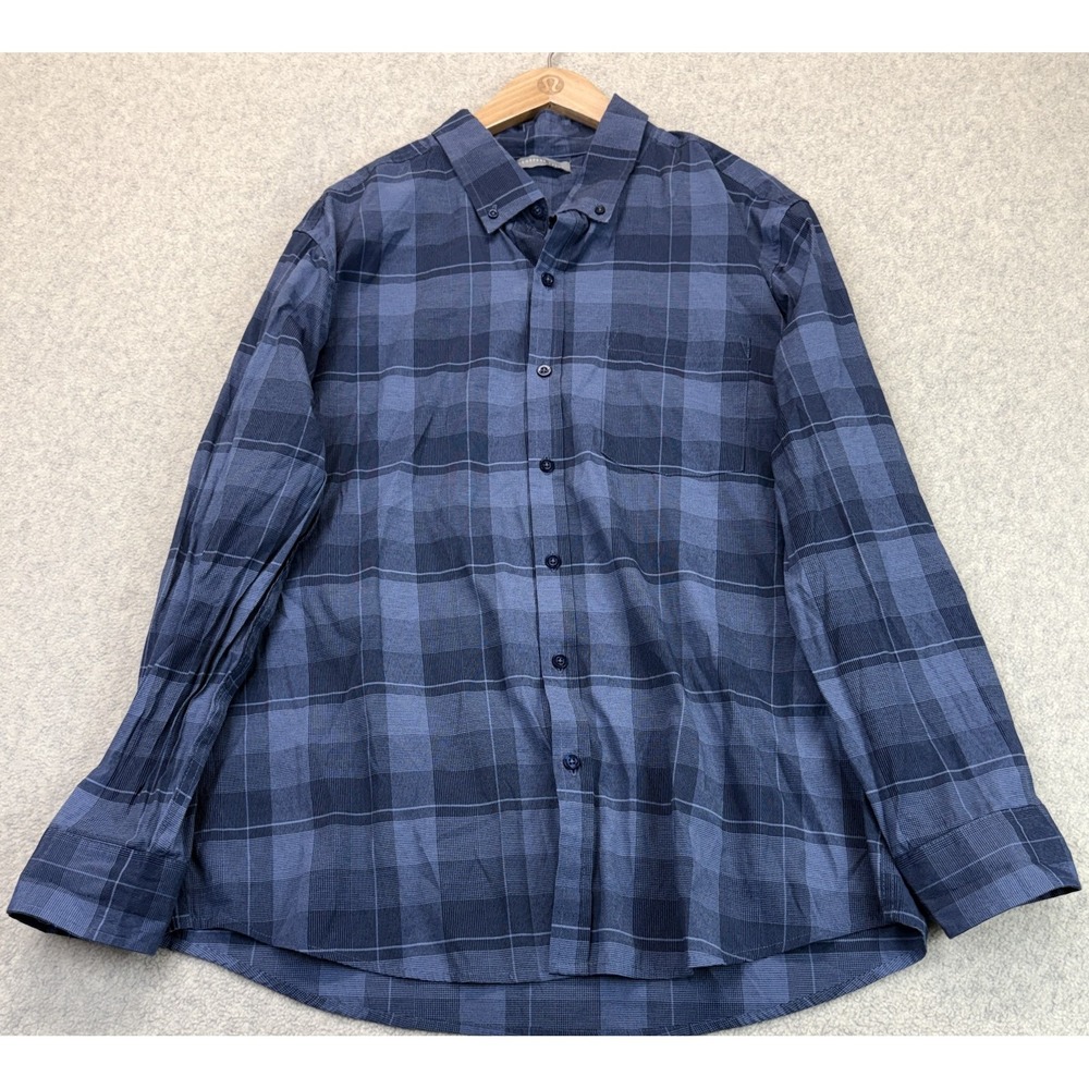 Geoffrey Beene Mens Button Down Shirt Navy Blue Long Sleeve Plaid Classic XL